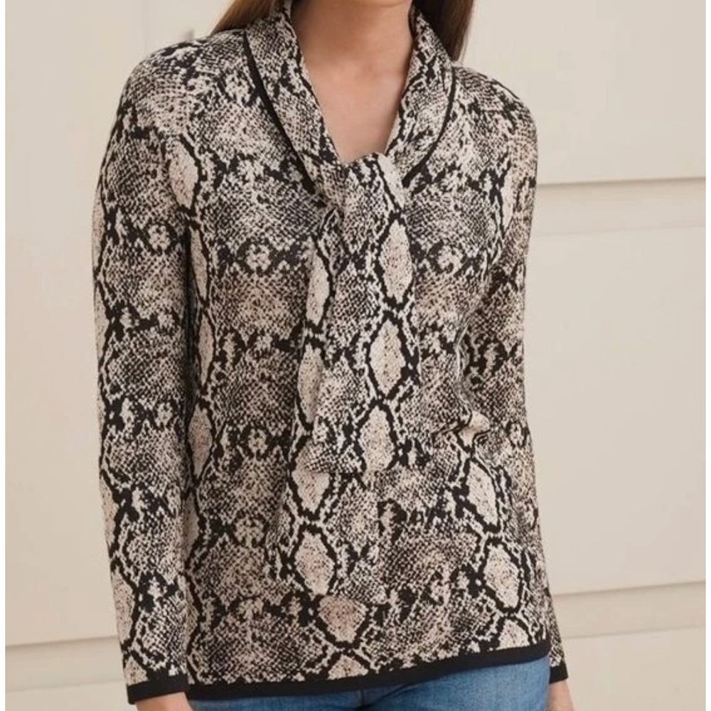 Chicos V-Neck Snake Print Long Sleeve Sweater Top Scarf Combo Women's Large Chic